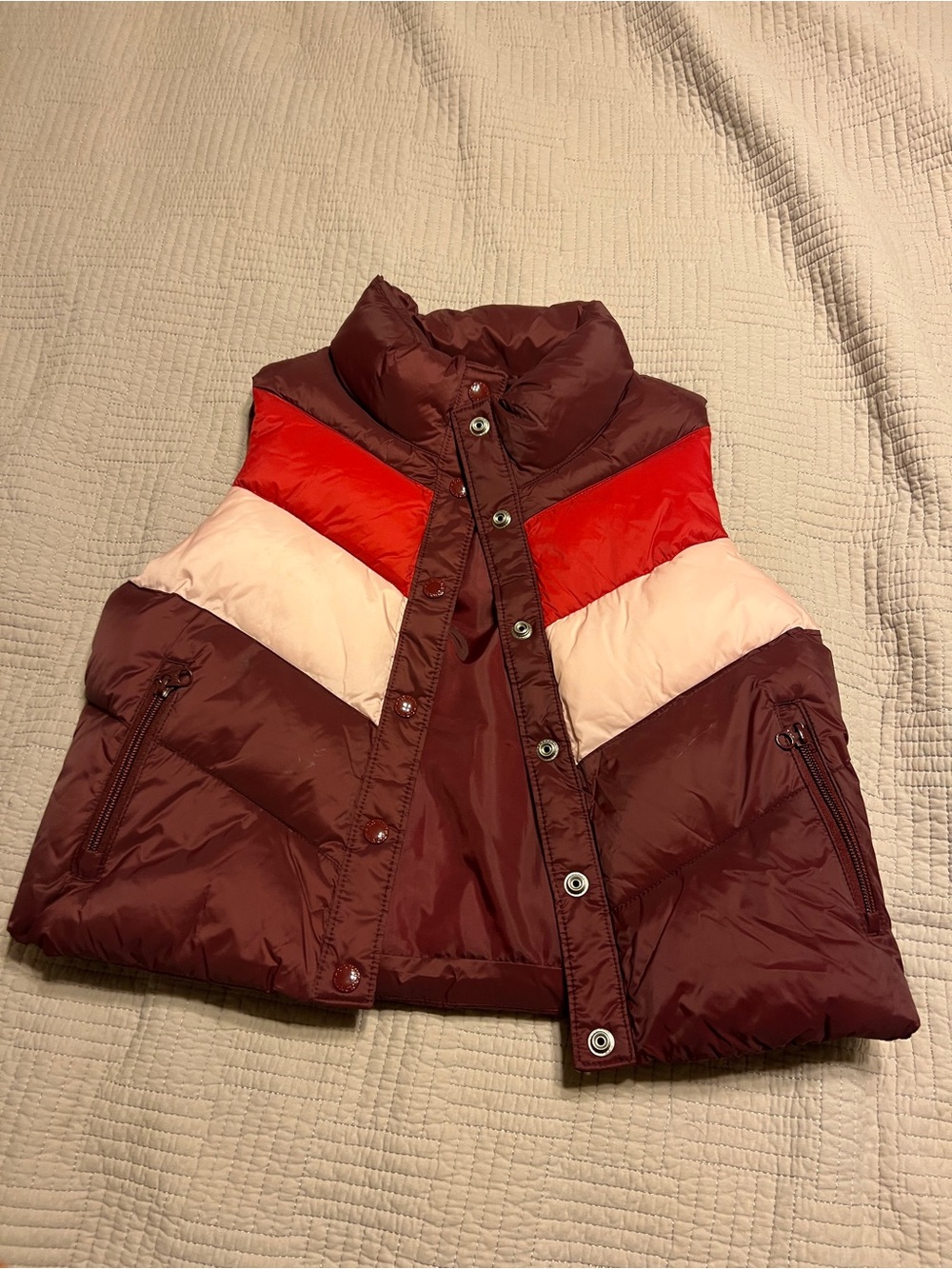 Old Navy Maroon Colorblock Puffer Vest with Red & Cream Panels